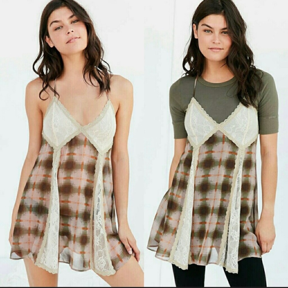UO Emmeline Lace and Plaid Slip Dress
